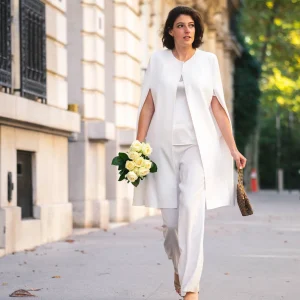 Elégante Cape longue HIRONI en crêpe ivoire et Pantalon COPRA fez ivoire