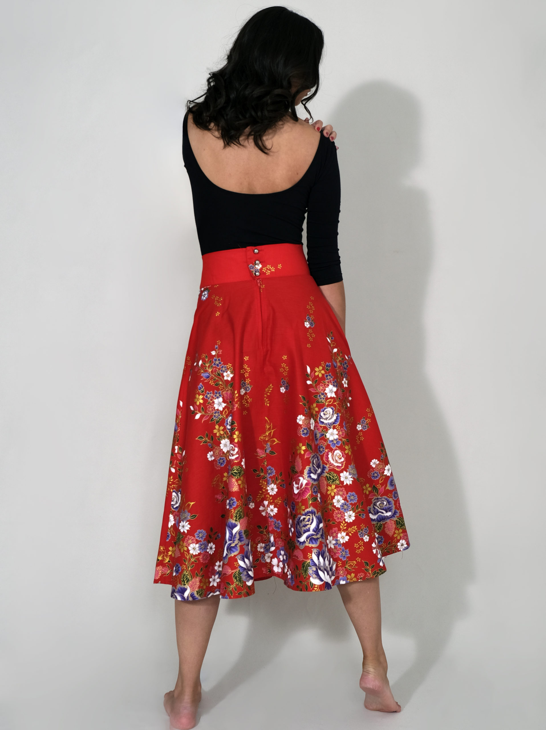 CHARLY : Jupe taille haute rouge à fleurs 100% coton – Made in Lyon