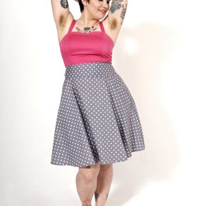 FONZY : Jupe Pin-Up taille haute grise à pois 100% coton oeko-tex