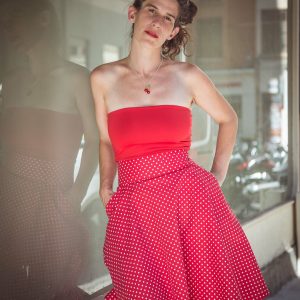 FONZY : jupe taille haute rouge à pois blanc en coton oeko-tex